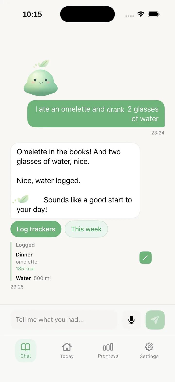 Nuvvoo chat screen logging meals in one message